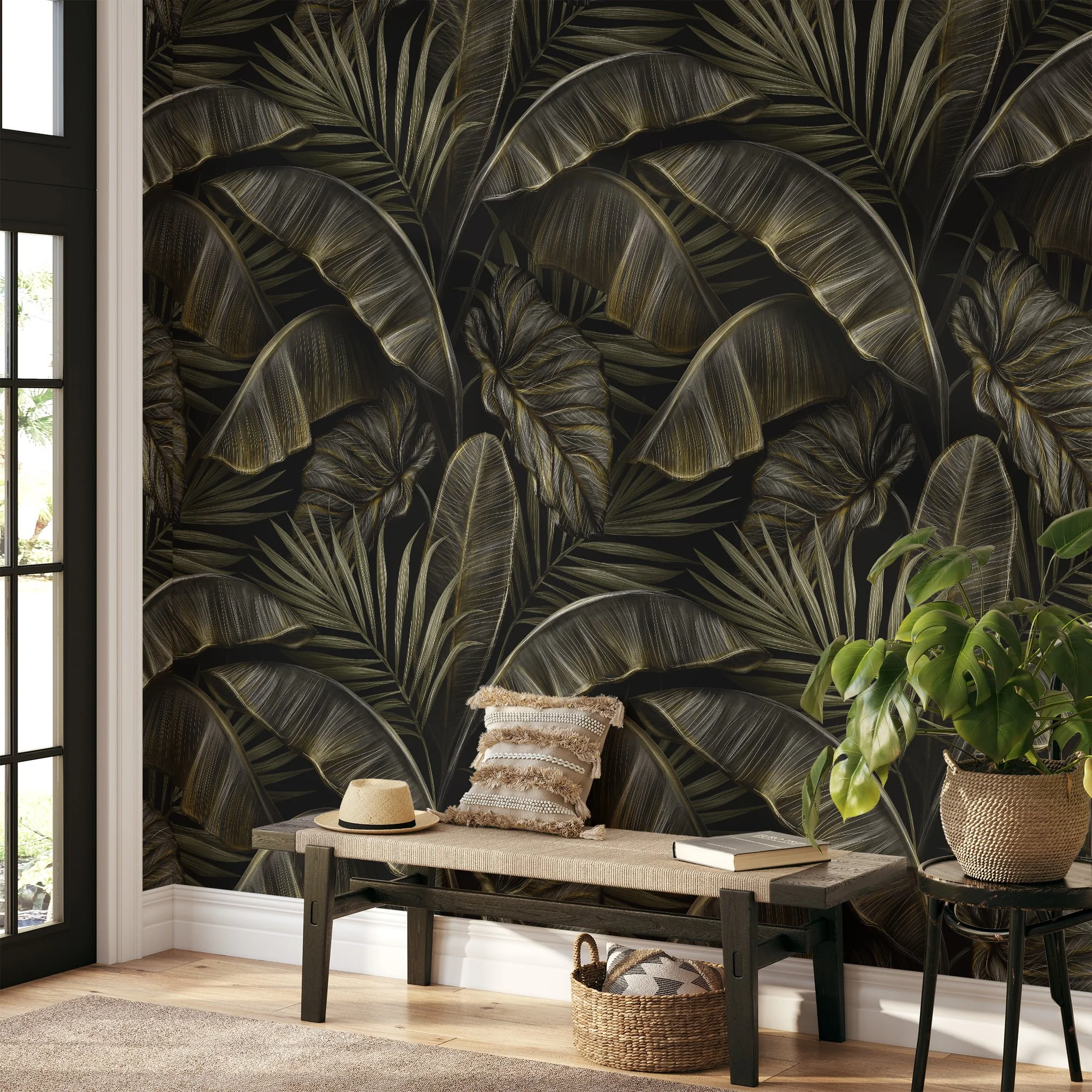 Vintage Charm Meets Tropical Beauty with Banana Leaves Pattern - Self-Adhesive Peel and Stick Dark Leaf Wallpaper for a Refreshed Bathroom or Bedroom