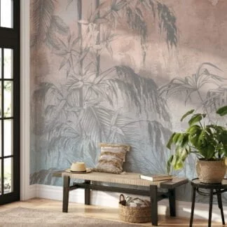 Create a Vintage Tropical Oasis with Trees and Leaves on Grunge Background - Self-Adhesive Peel and Stick Blue Pink Wallpaper Mural to Bring Nature Indoors