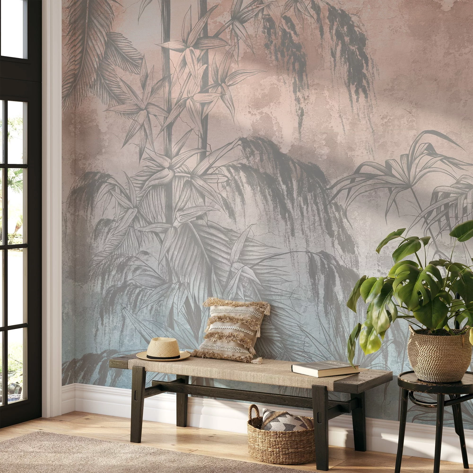 Create a Vintage Tropical Oasis with Trees and Leaves on Grunge Background - Self-Adhesive Peel and Stick Blue Pink Wallpaper Mural to Bring Nature Indoors