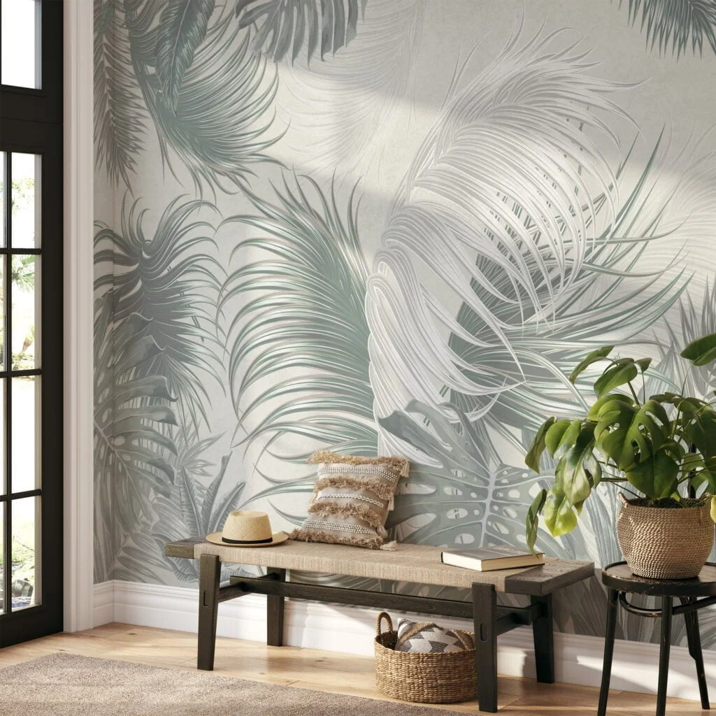 Create a Relaxing Oasis with Muted Green Colored Tropical Leaves on a Light Green Background - Self Adhesive Modern Wall Mural