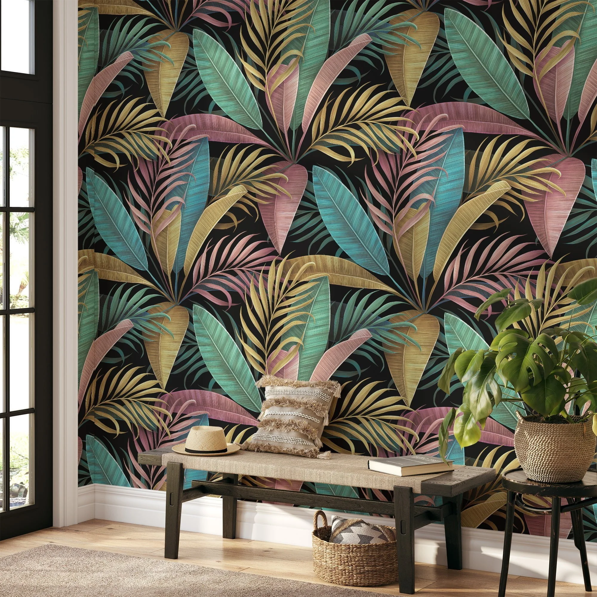 Add a Splash of Color to Your Walls with this Peel and Stick Colorful Leaf Wall Mural on a Black Background