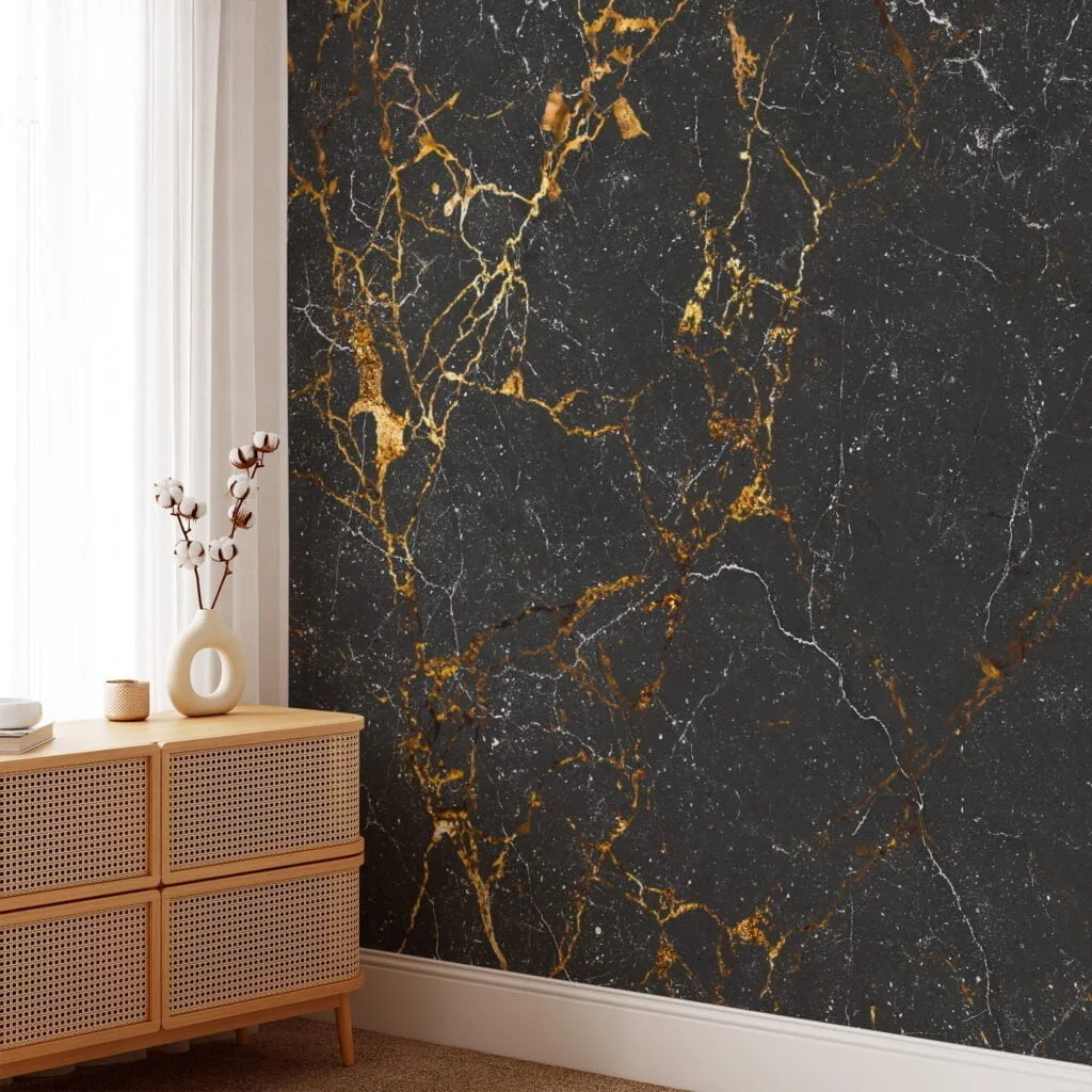 Make a Bold Statement with Black with Gold and White Marble Wallpaper, a Removable Wall Mural That Adds Glamour to Any Space