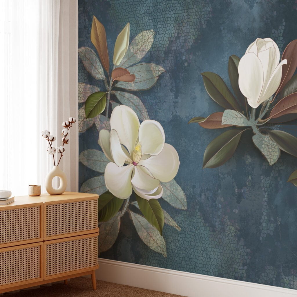 Large White Magnolia Flowers on Green Leafy Background Wallpaper, Peel and Stick Self Adhesive Removable Wall Mural, Nature-Themed Floral Print