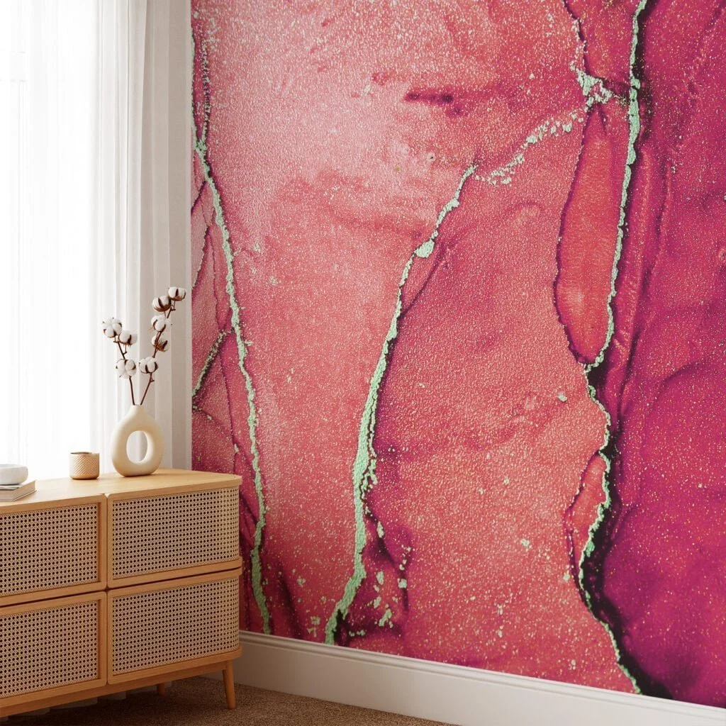 Dramatic Red Toned Marble Texture Wallpaper with Gilded Cracks, Peel & Stick Red Gold Marble Wall Mural