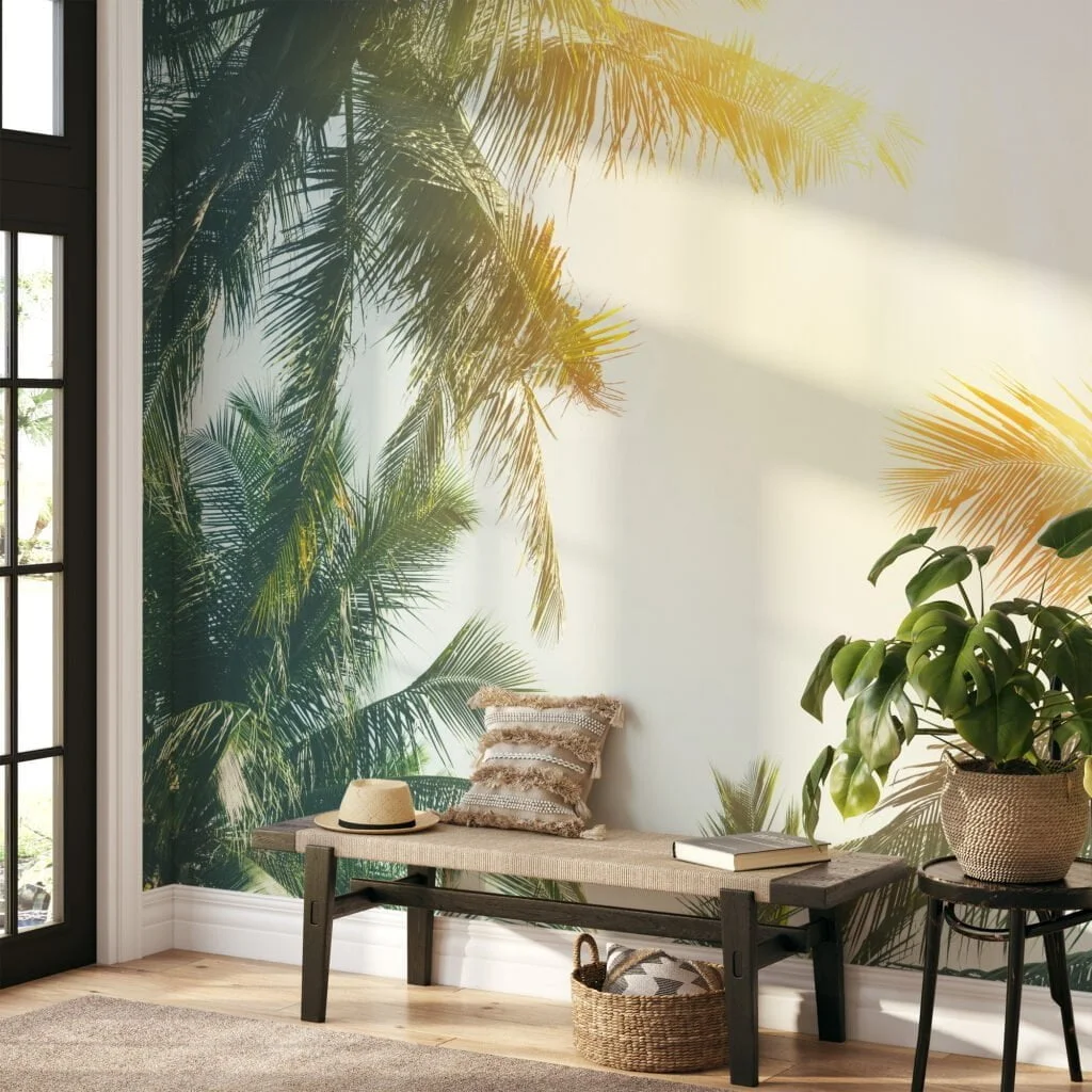 Tropical Palm Trees and Bright Sun Glare Wallpaper for a Relaxing and Exotic Atmosphere