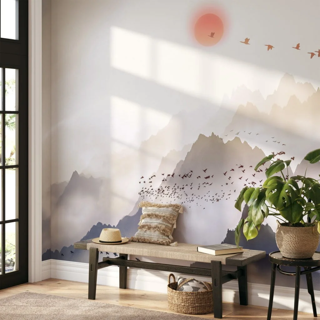 Tranquil Nature Wallpaper with Misty Mountains and Soaring Birds for a Peaceful and Serene Home Ambiance