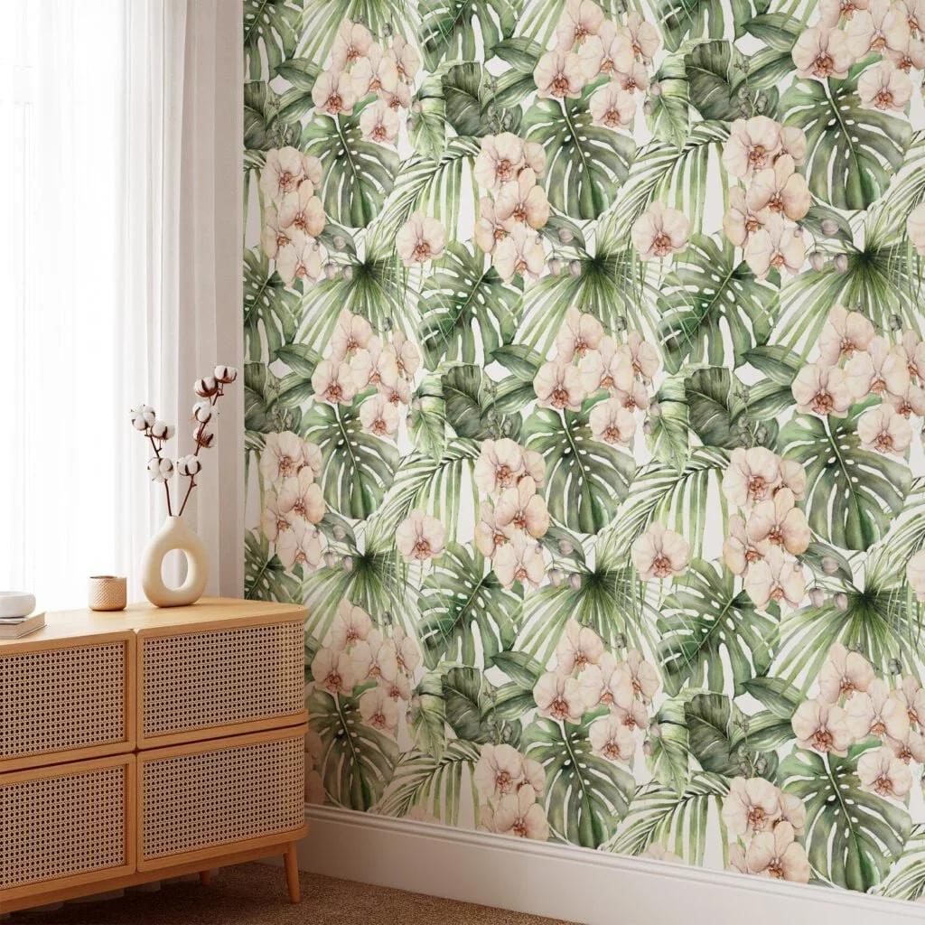 Tropical Paradise Palm Leaves and Orchids Painting Wallpaper, Peel and Stick Self Adhesive Removable Wall Mural, Perfect for a Relaxing Oasis