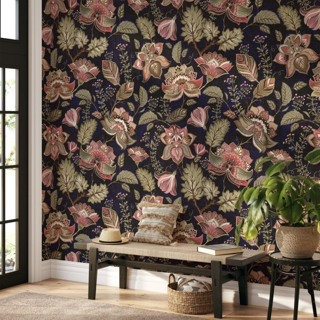 Vintage Style Floral Illustration with Dark Background Wallpaper - Classic Vintage Floral Pattern with Dramatic Contrast and Bold Colors