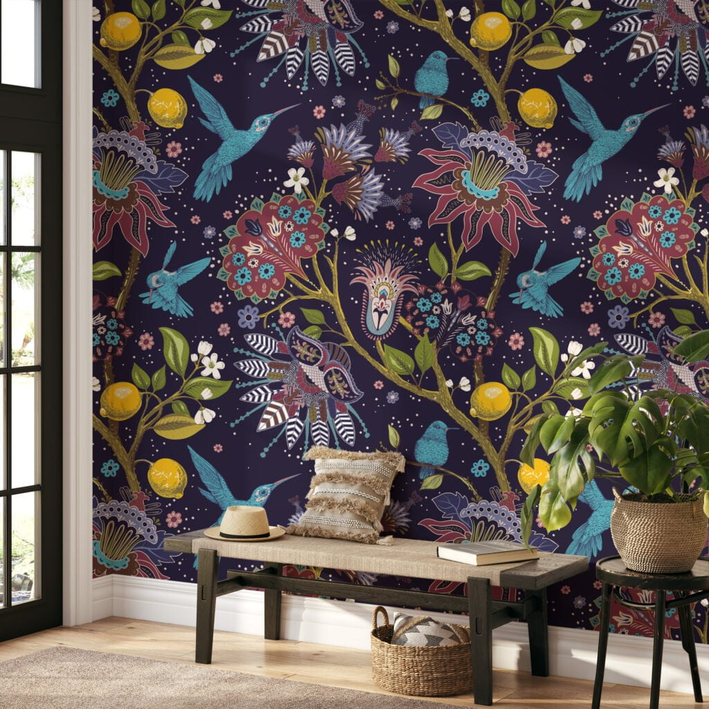 Floral and Aqua Hummingbird Wallpaper - Traditional Design with a Modern Twist