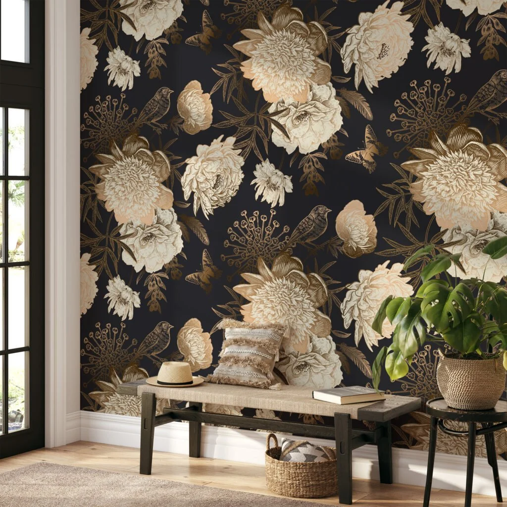 Vintage Peony Rose and Bird Illustration Wallcovering for a Classic and Elegant Look