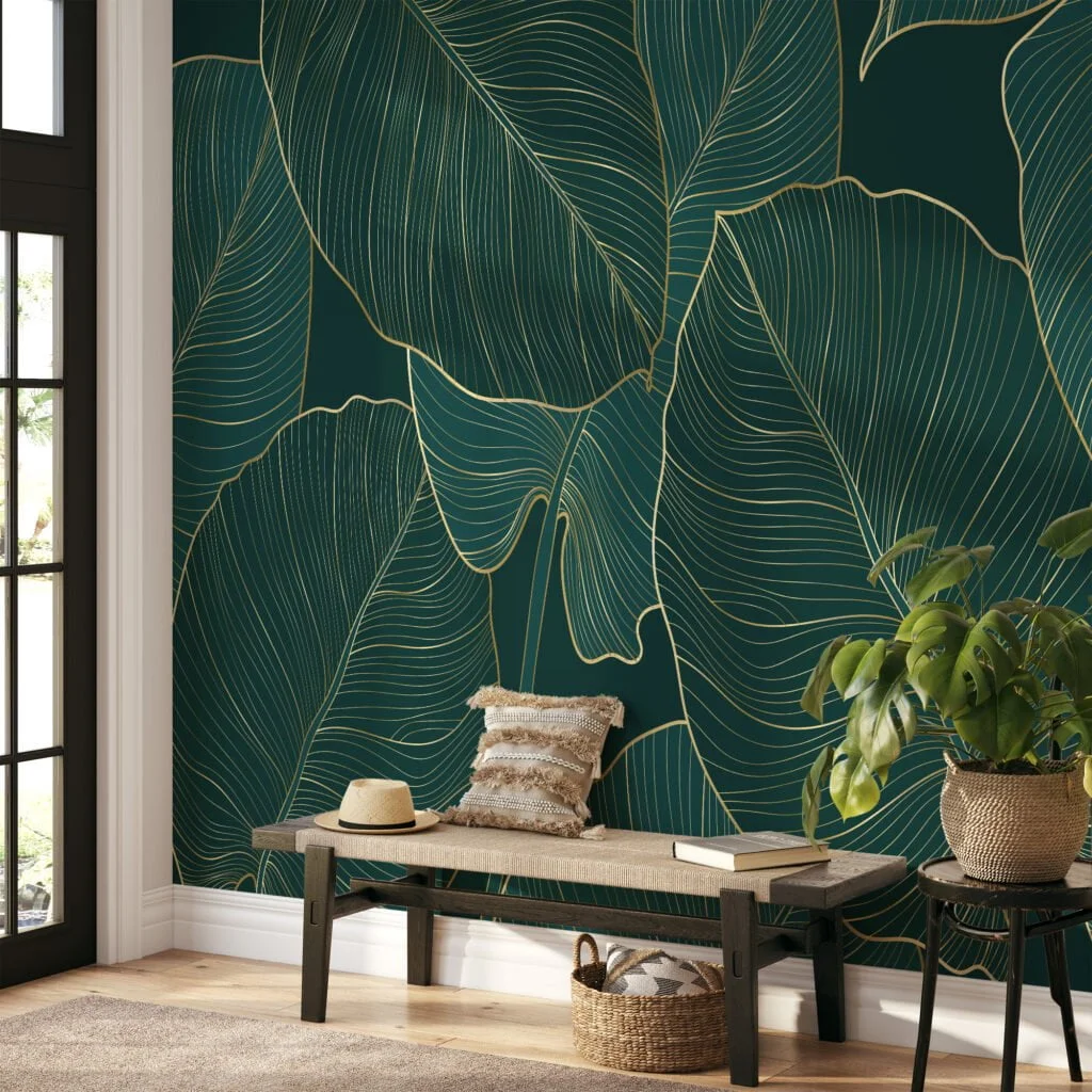 Stunning Dark Green Monstera Leaves with Golden Line Art - Self-Adhesive Peel and Stick Nature Wallpaper for a Bathroom or Kitchen Refresh