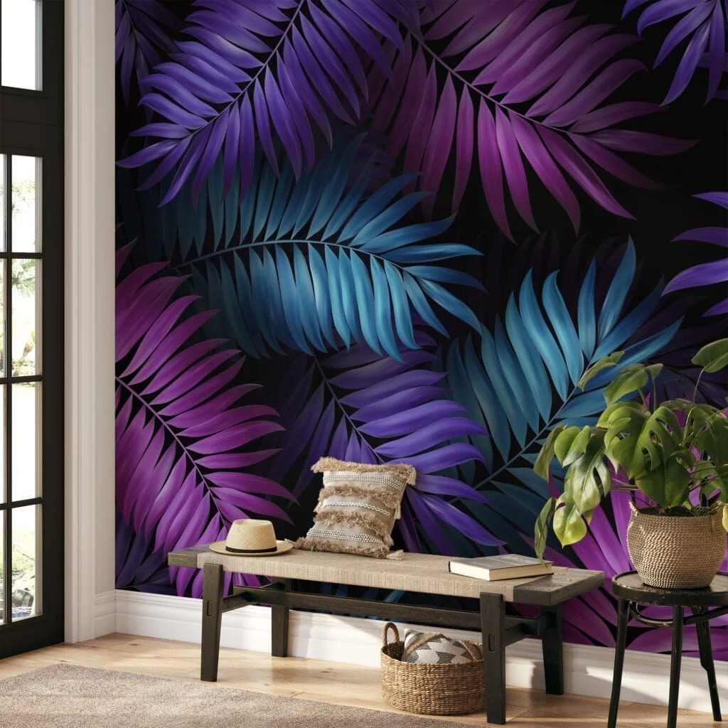 Add a Bold Pop of Color with Purple Fuchsia and Aqua Colored Large Tropical Leaves - Self-Adhesive Peel and Stick Dark Floral Wallpaper for a Vibrant Space