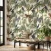 Lush Leaves and Exotic Animal Illustration Wallpaper for a Wild and Vibrant Home Decor