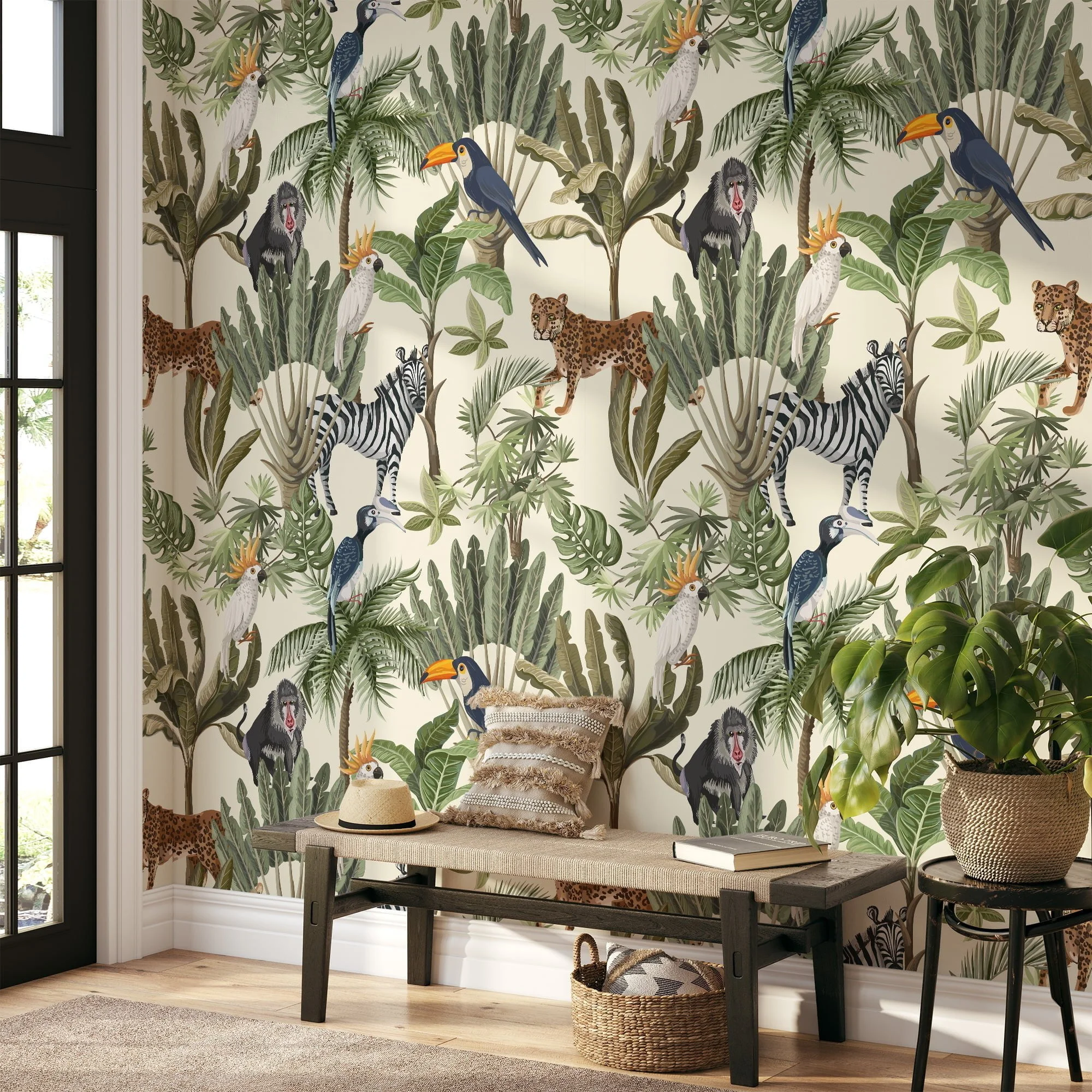 Lush Leaves and Exotic Animal Illustration Wallpaper for a Wild and Vibrant Home Decor