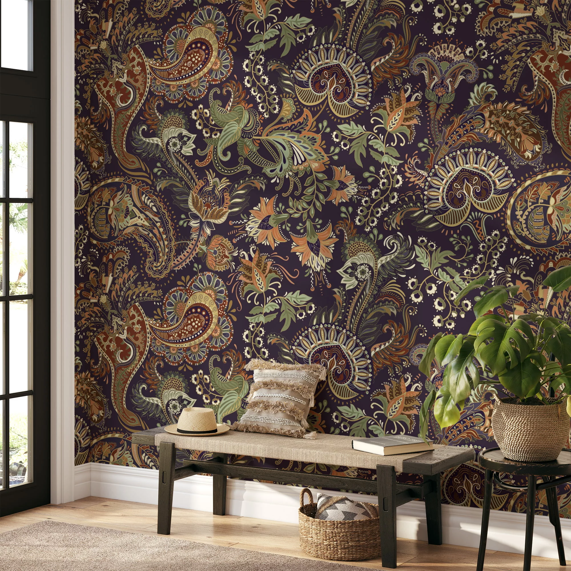 Earthy Traditional Floral Pattern with Dark Background Peel and Stick Wallpaper for a Cozy Home