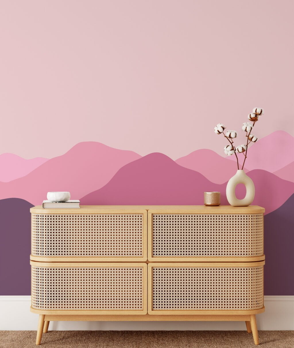 Minimalistic Abstract Mountains Wallpaper with Pink and Purple Hues for a Contemporary and Chic Home Decor