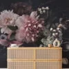 Pink Flowers With Dark Background Wallpaper, Romantic and Moody Peel and Stick Wall Mural, Self Adhesive Removable Wallpaper for a Glamorous and Luxe Bedroom