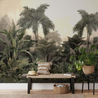 Misty Jungle Wallpaper with Lush Palm Trees and Large Leaves for a Tropical and Exotic Interior