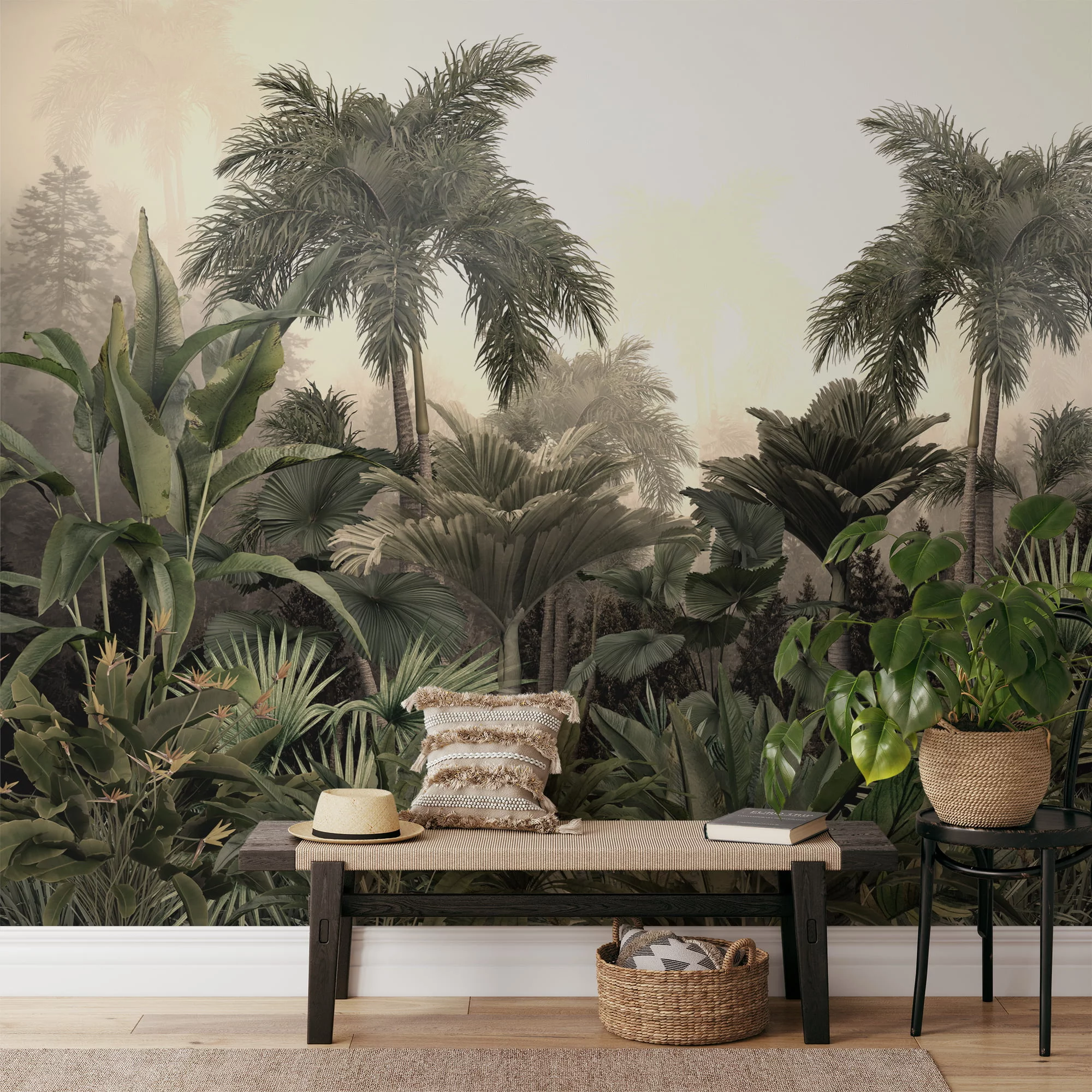 Misty Jungle Wallpaper with Lush Palm Trees and Large Leaves for a Tropical and Exotic Interior