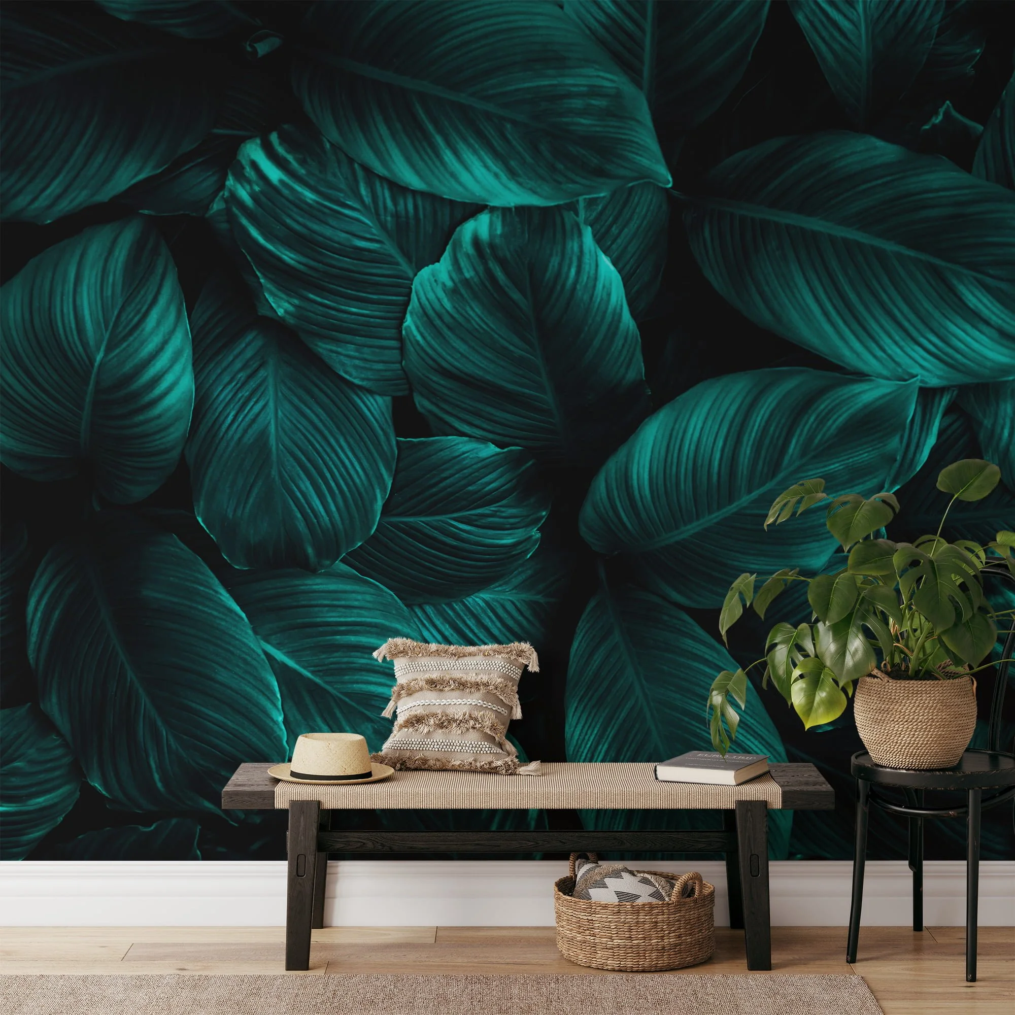 Rich and Luxurious Dark Green Cannifolium Leaves Pattern - Self-Adhesive Peel and Stick Green Nature Wallpaper with Tropical Charm