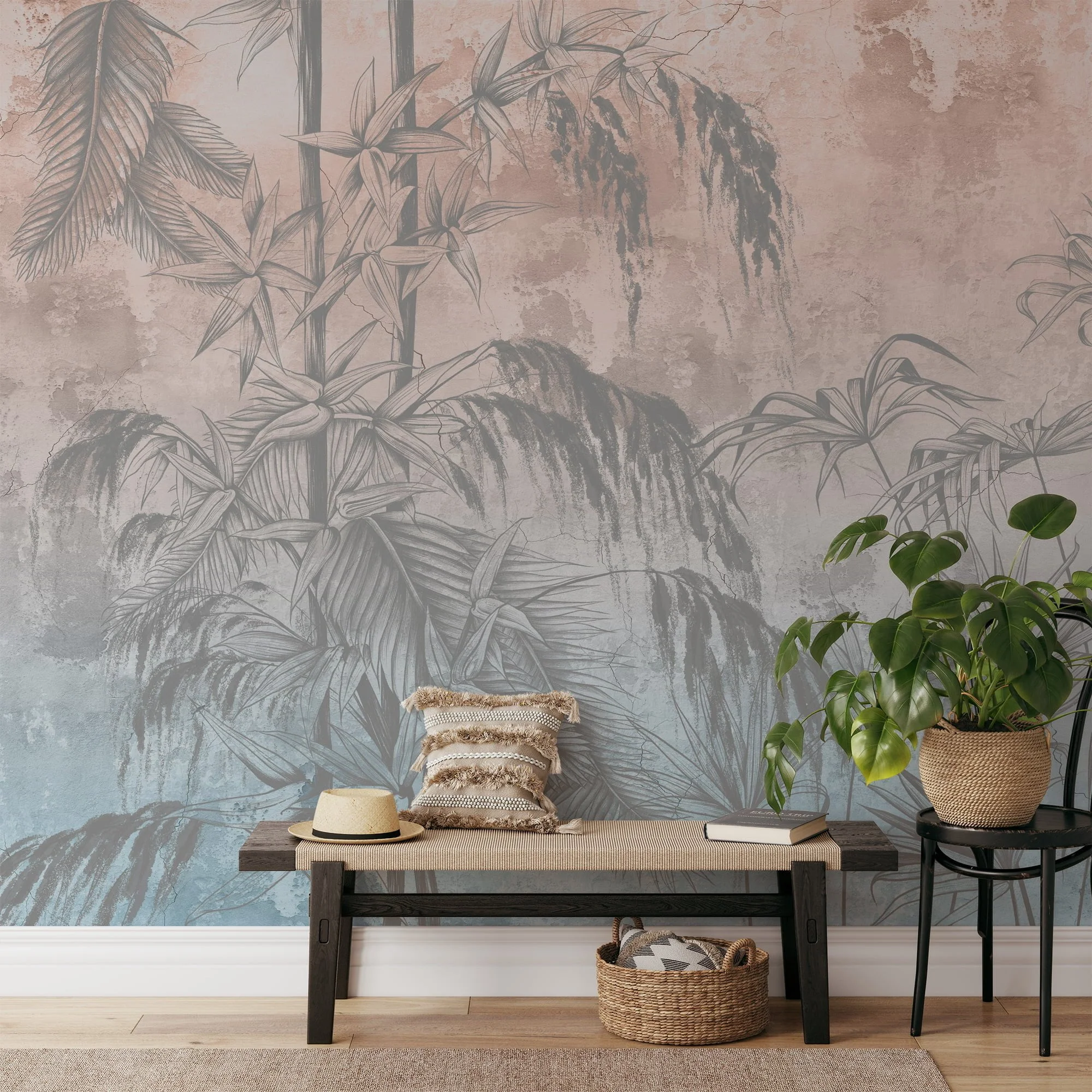 Create a Vintage Tropical Oasis with Trees and Leaves on Grunge Background - Self-Adhesive Peel and Stick Blue Pink Wallpaper Mural to Bring Nature Indoors