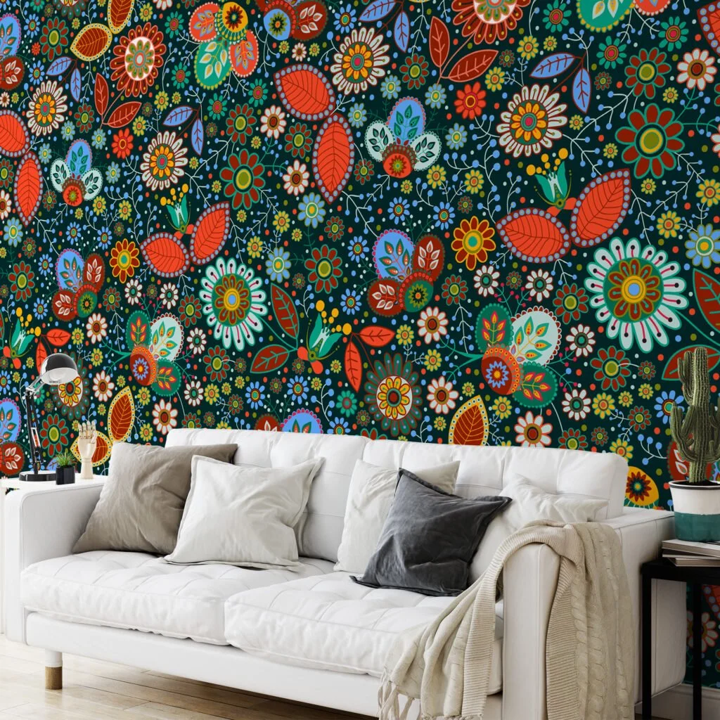 Colorful Flowers in Traditional Style Wallpaper - Floral Illustration with Multiple Colors and Textures Wall Mural