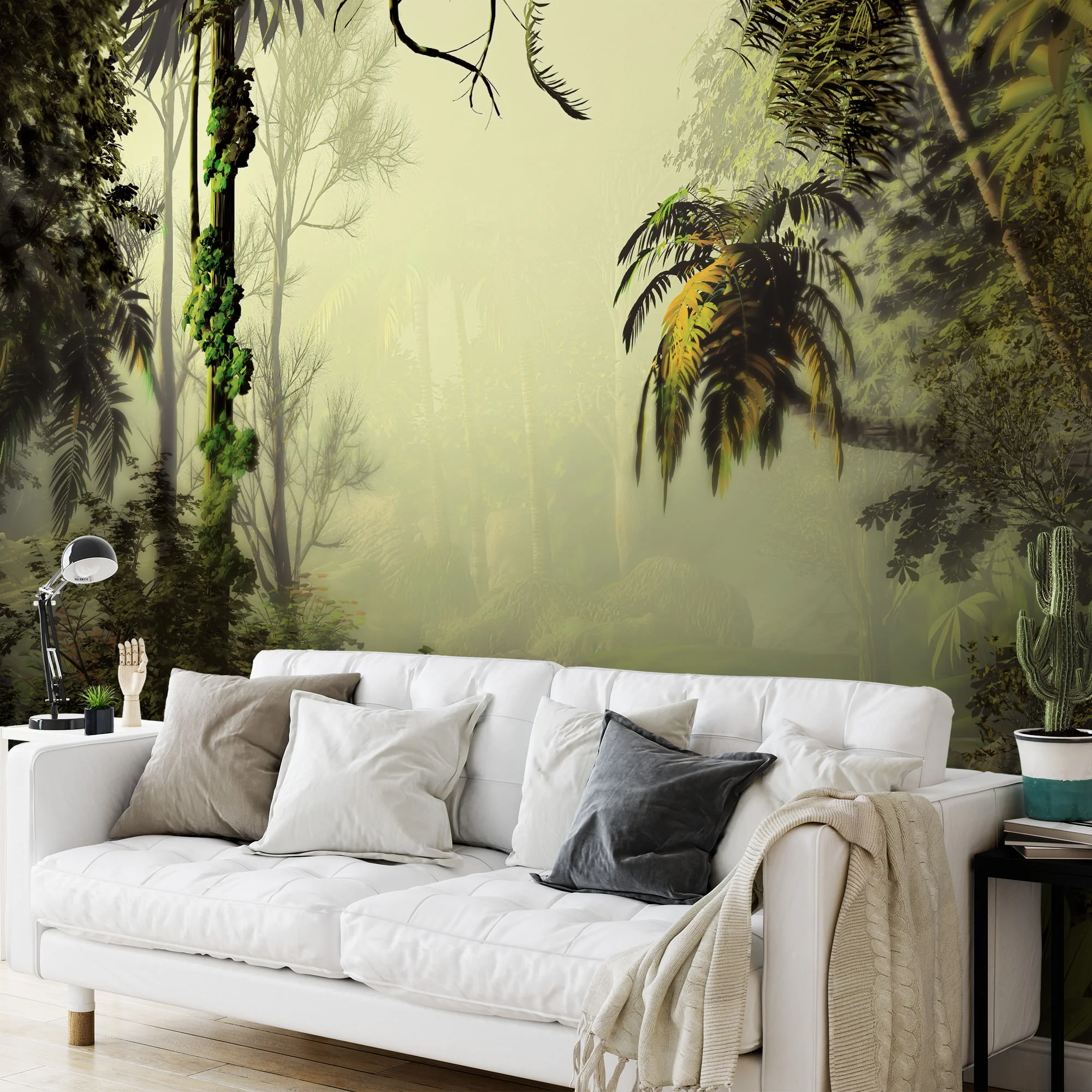 Elegant Misty Green Jungle Wallcovering with Lush Palm Trees and Forest Background for a Serene Atmosphere