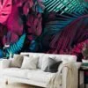 Vibrant Neon Pink and Blue Tropical Leaves - Self-Adhesive Peel and Stick Monstera Leaf Wallpaper to Brighten Any Space
