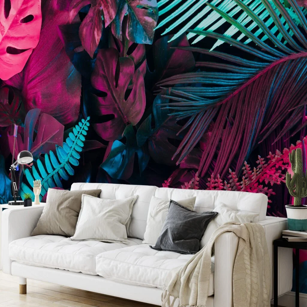 Vibrant Neon Pink and Blue Tropical Leaves - Self-Adhesive Peel and Stick Monstera Leaf Wallpaper to Brighten Any Space