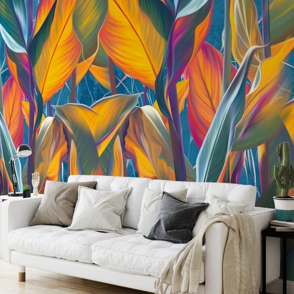 Bring a Splash of Color to Your Space with Colorful Large Sunset Leaves on Blue Background - Self-Adhesive Peel and Stick Exotic Mixed Colored Leaf Wallpaper for a Tropical Escape