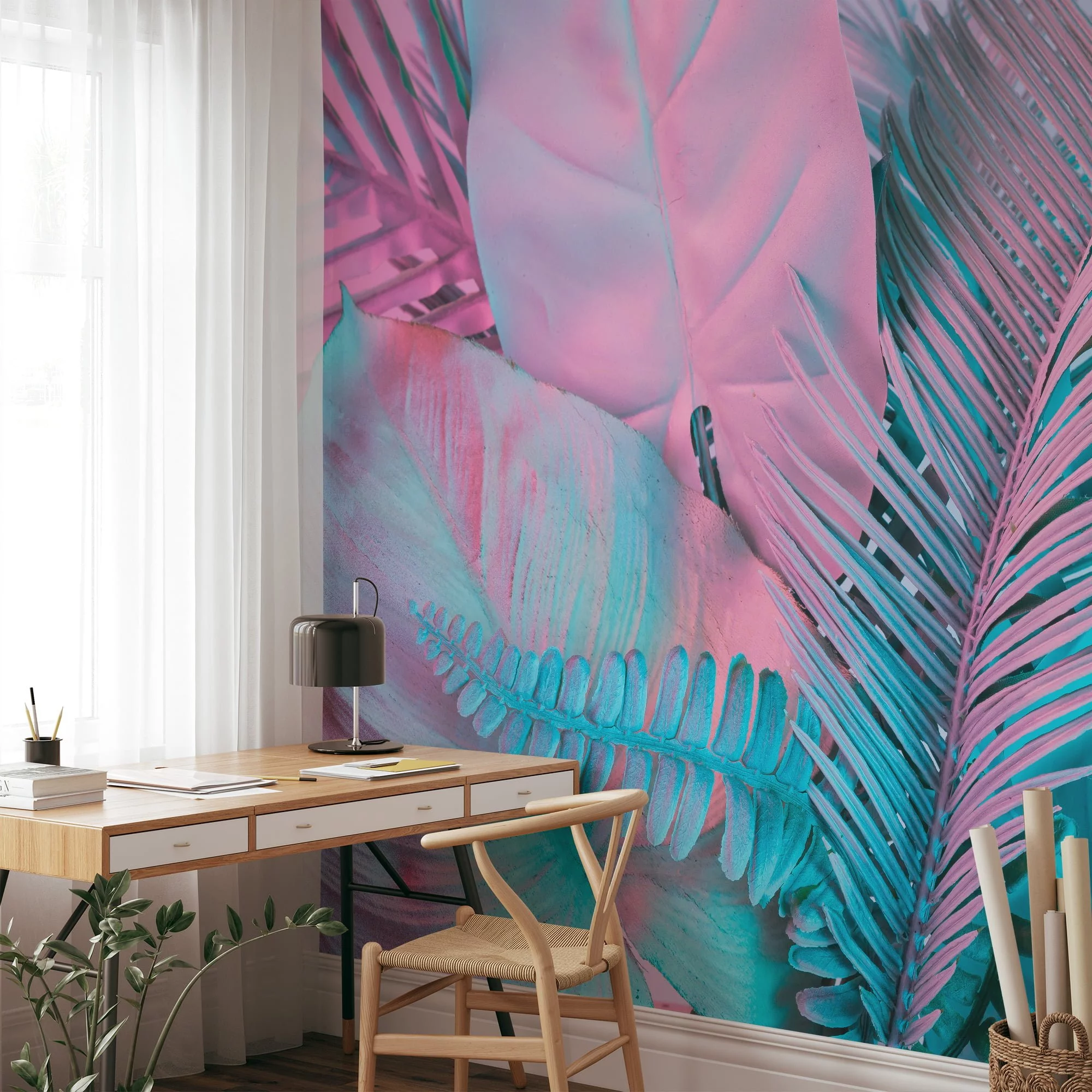 Colorful Tropical Palm Leaves in Bubble Pink and Blue - Self-Adhesive Peel and Stick Wallpaper for a Vibrant Bathroom or Any Room