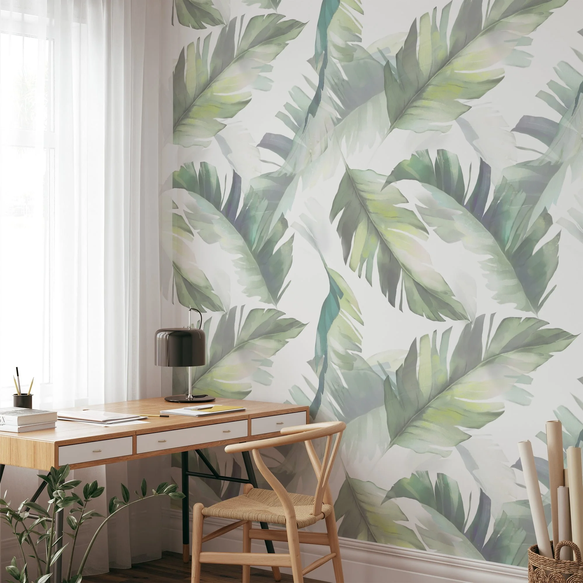 Soft and Serene Watercolor Style Leaves on White Background - Self-Adhesive Peel and Stick Green Wallpaper for a Modern and Relaxing Atmosphere