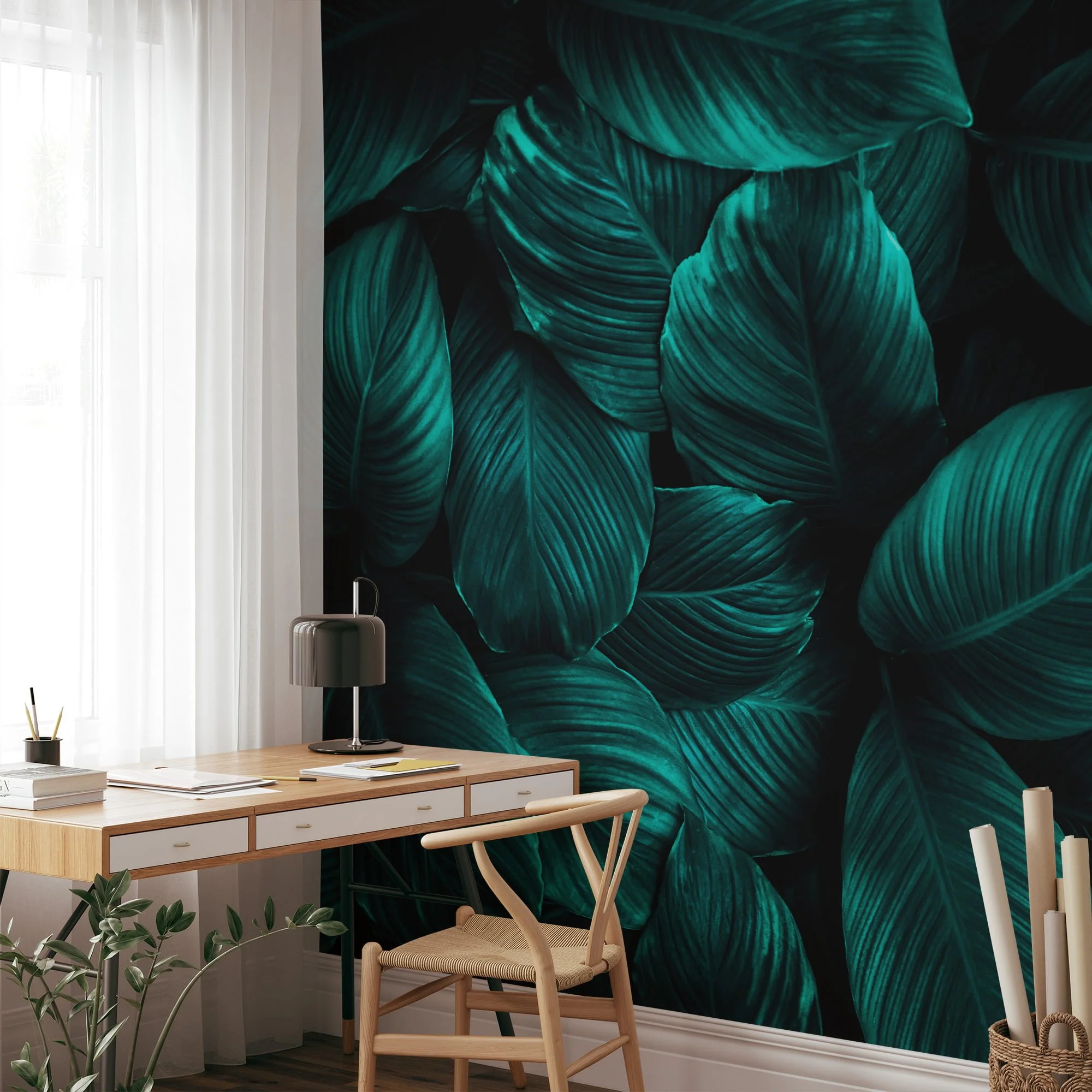 Rich and Luxurious Dark Green Cannifolium Leaves Pattern - Self-Adhesive Peel and Stick Green Nature Wallpaper with Tropical Charm