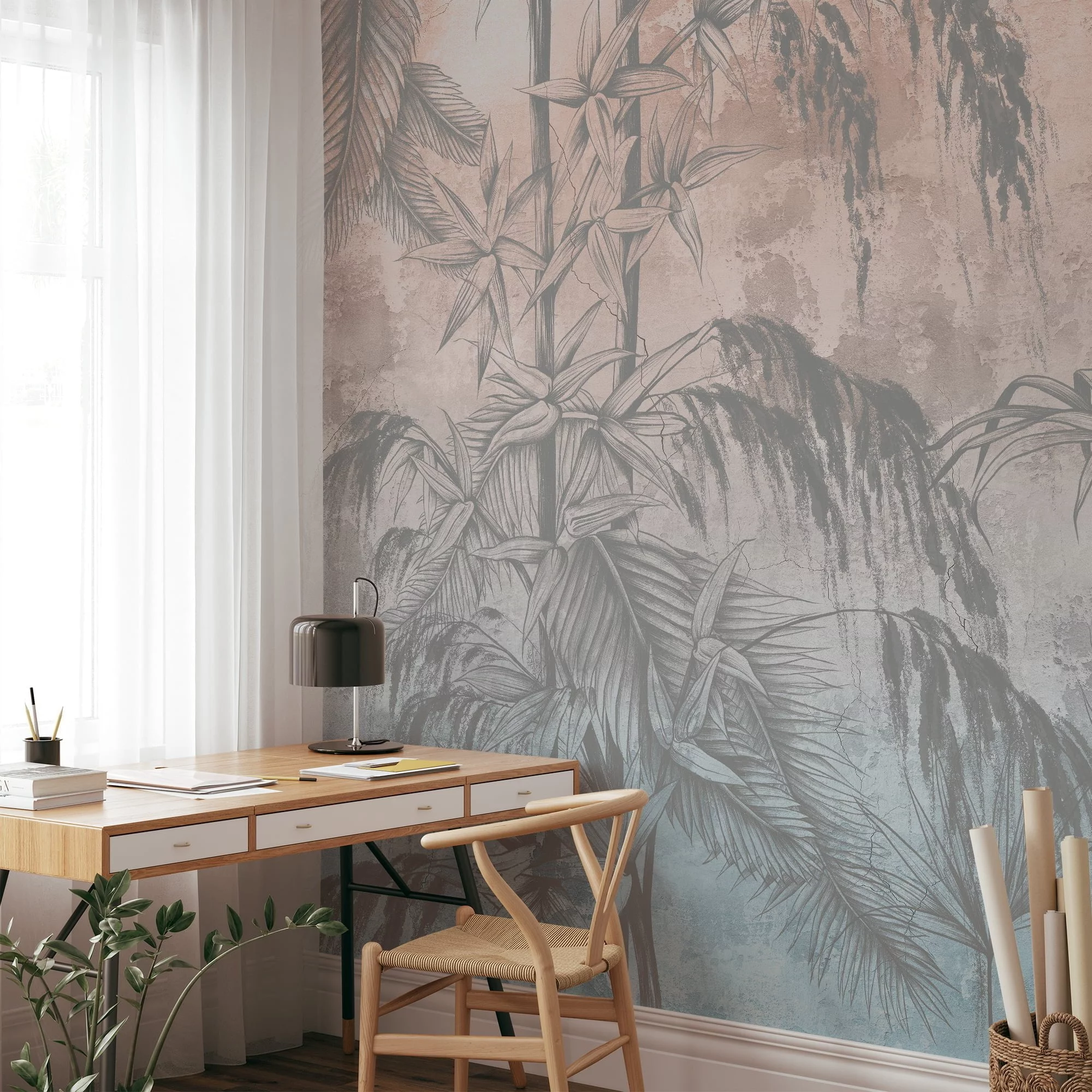 Create a Vintage Tropical Oasis with Trees and Leaves on Grunge Background - Self-Adhesive Peel and Stick Blue Pink Wallpaper Mural to Bring Nature Indoors