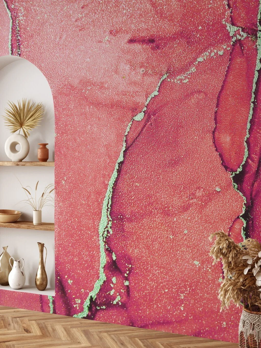 Dramatic Red Toned Marble Texture Wallpaper with Gilded Cracks, Peel & Stick Red Gold Marble Wall Mural