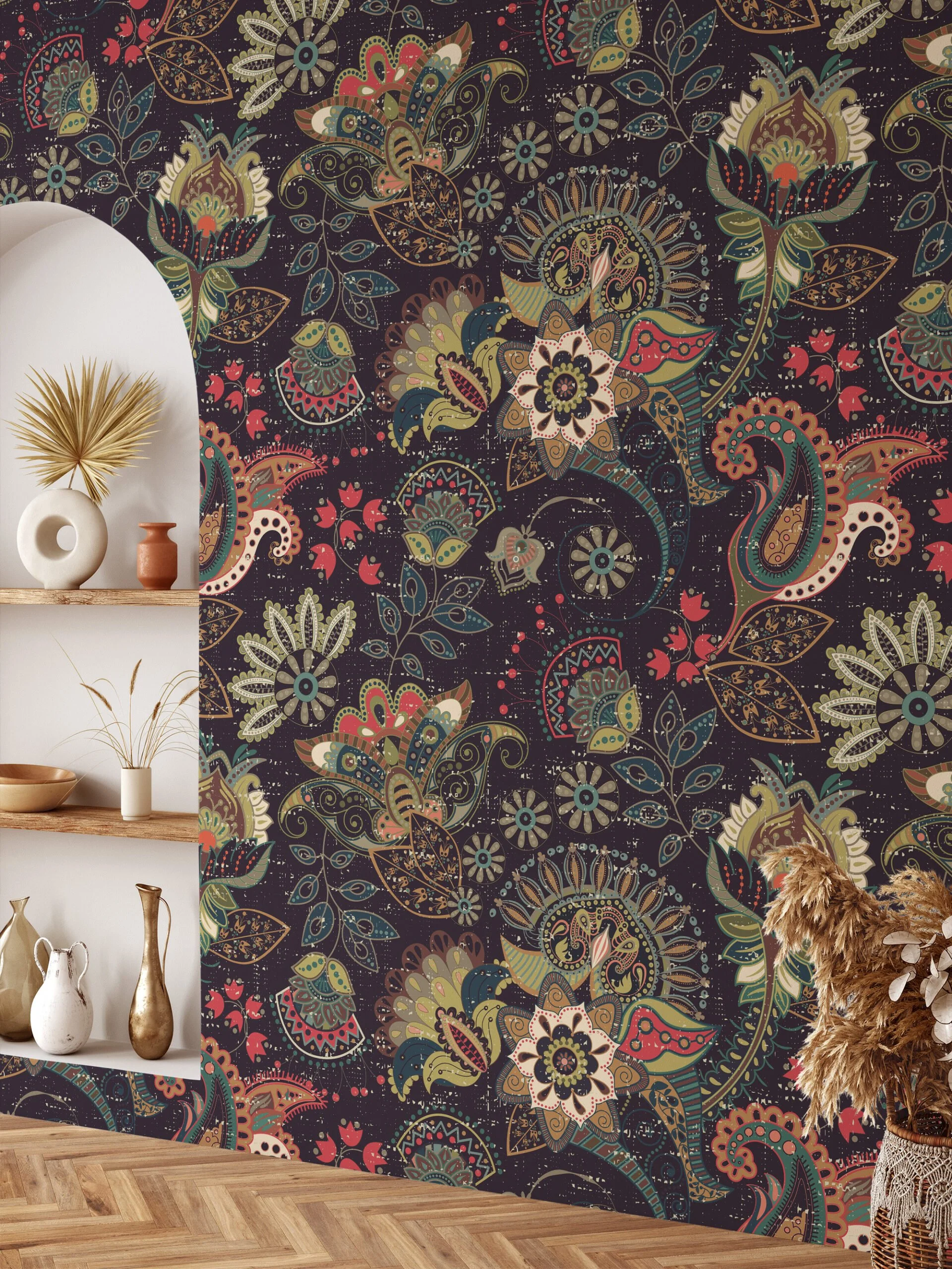 Bring a Unique and Exotic Flair to Your Home with this Abstract Oriental Floral Illustration Wallpaper