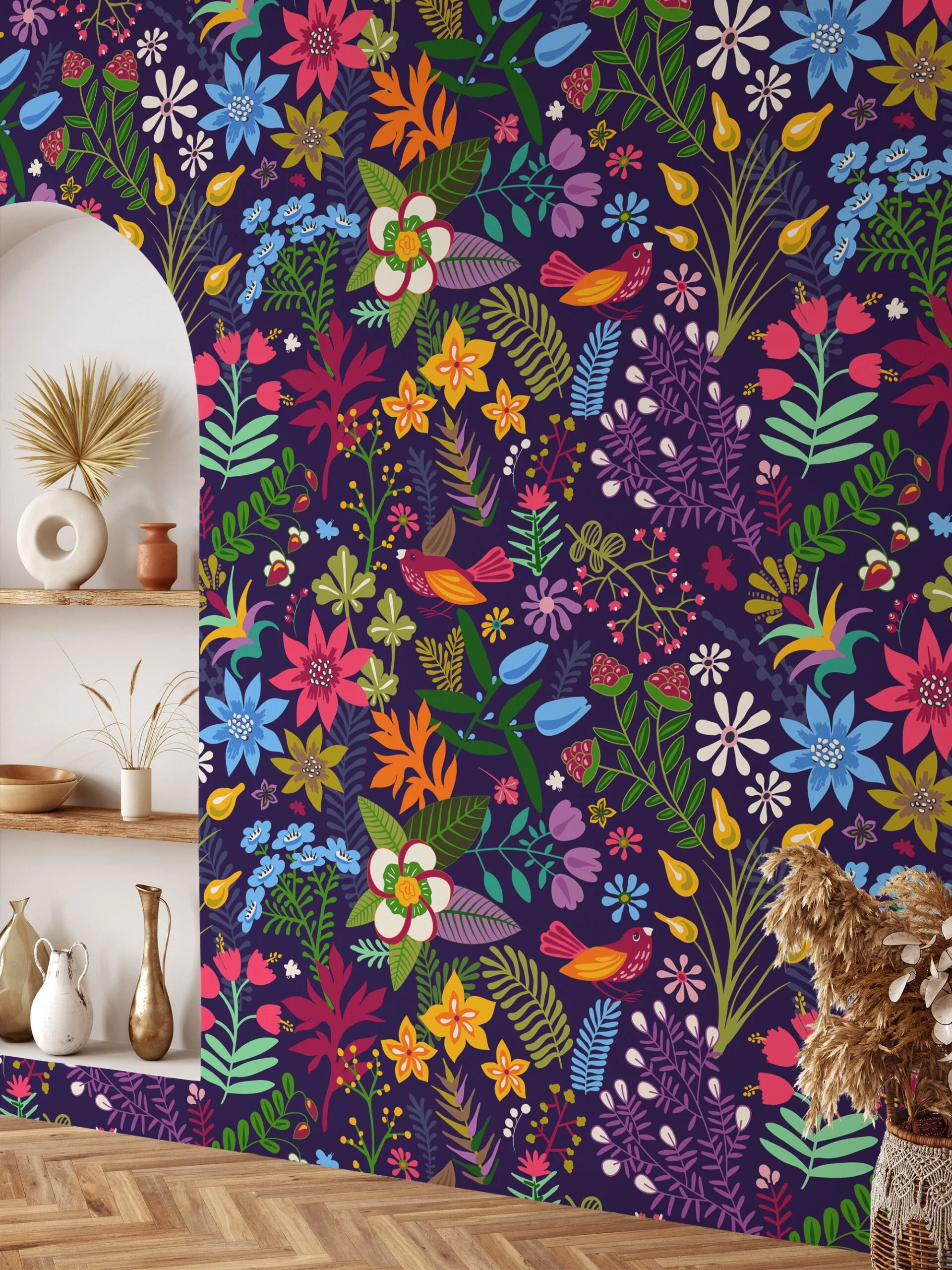 Modern Wallpaper with Colorful Flower Design Illustration - Durable, Self-Adhesive, and Removable