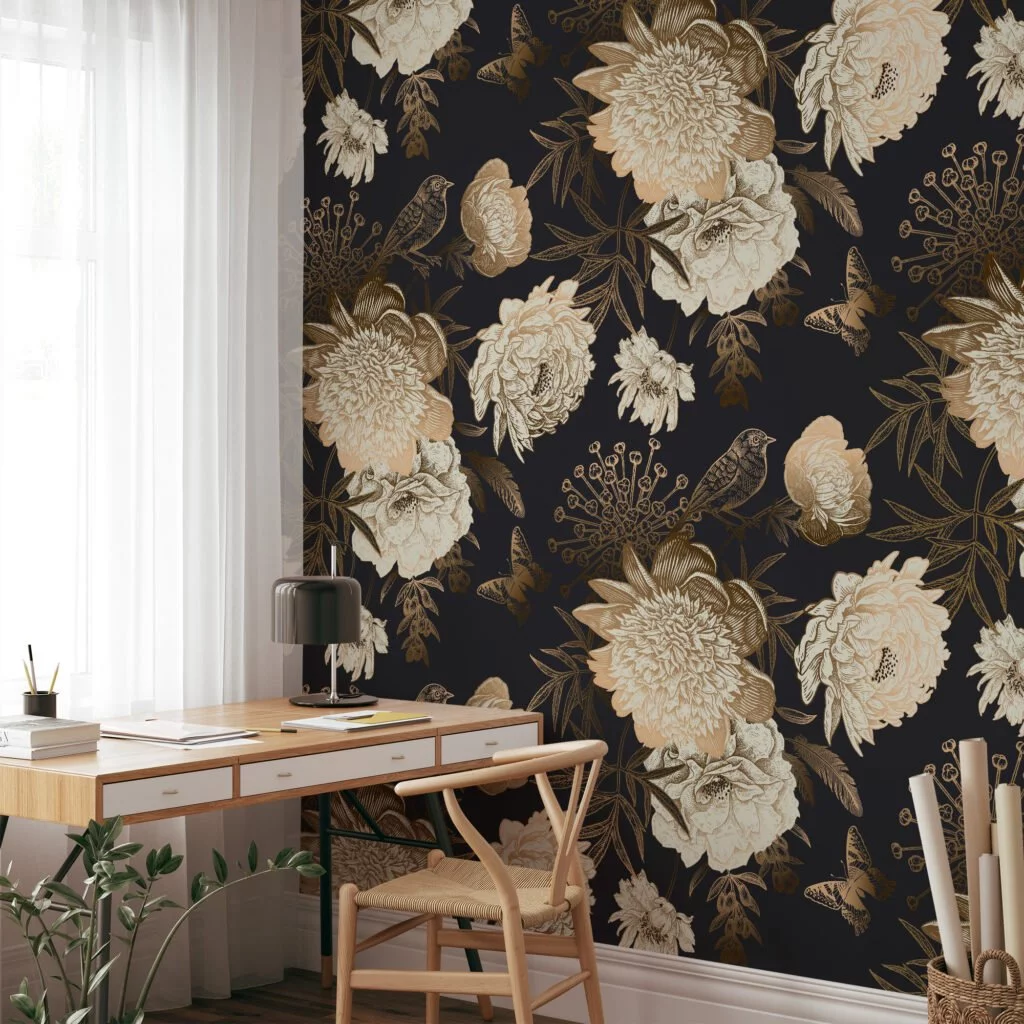 Vintage Peony Rose and Bird Illustration Wallcovering for a Classic and Elegant Look