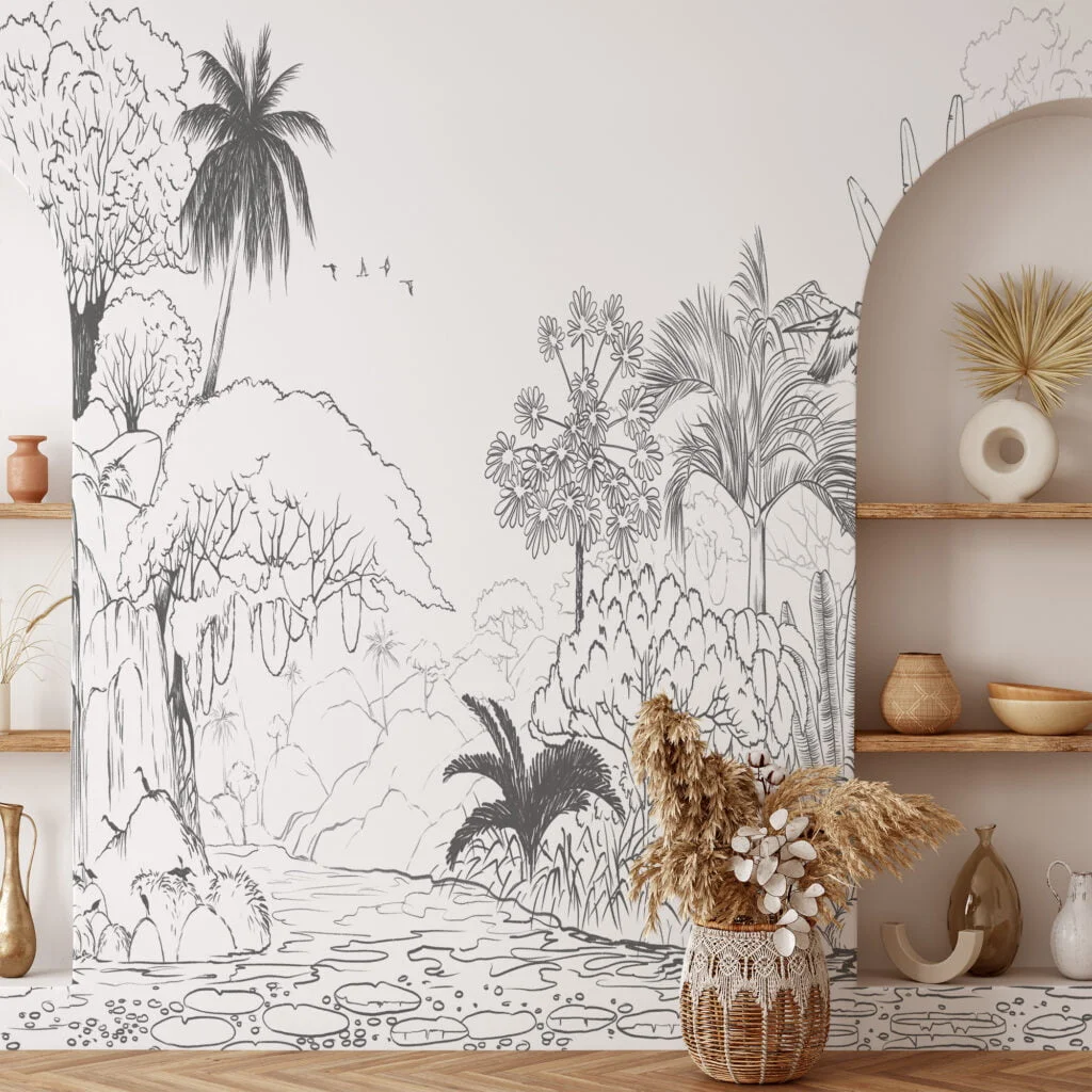 Jungle with Palm Trees Line Art Wallpaper, Hand-drawn and Chic Self Adhesive Wall Mural, Peel and Stick Removable Wallpaper for Nature-lovers