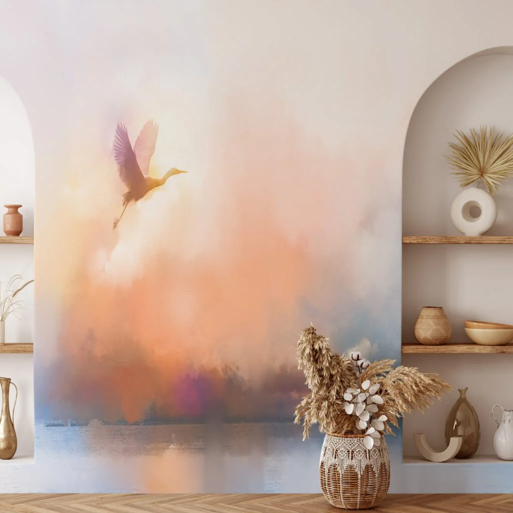 Soft Sunset Landscape Painting with Flying Bird Wallpaper, Serene and Tranquil Peel and Stick Wall Mural, Self Adhesive Removable Wallpaper for Bedroom or Living Room