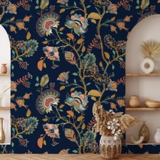 Dark Background Oriental Floral Branches Design Wallpaper for a Distinctive and Eye-catching Interior