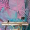 Colorful Tropical Palm Leaves in Bubble Pink and Blue - Self-Adhesive Peel and Stick Wallpaper for a Vibrant Bathroom or Any Room
