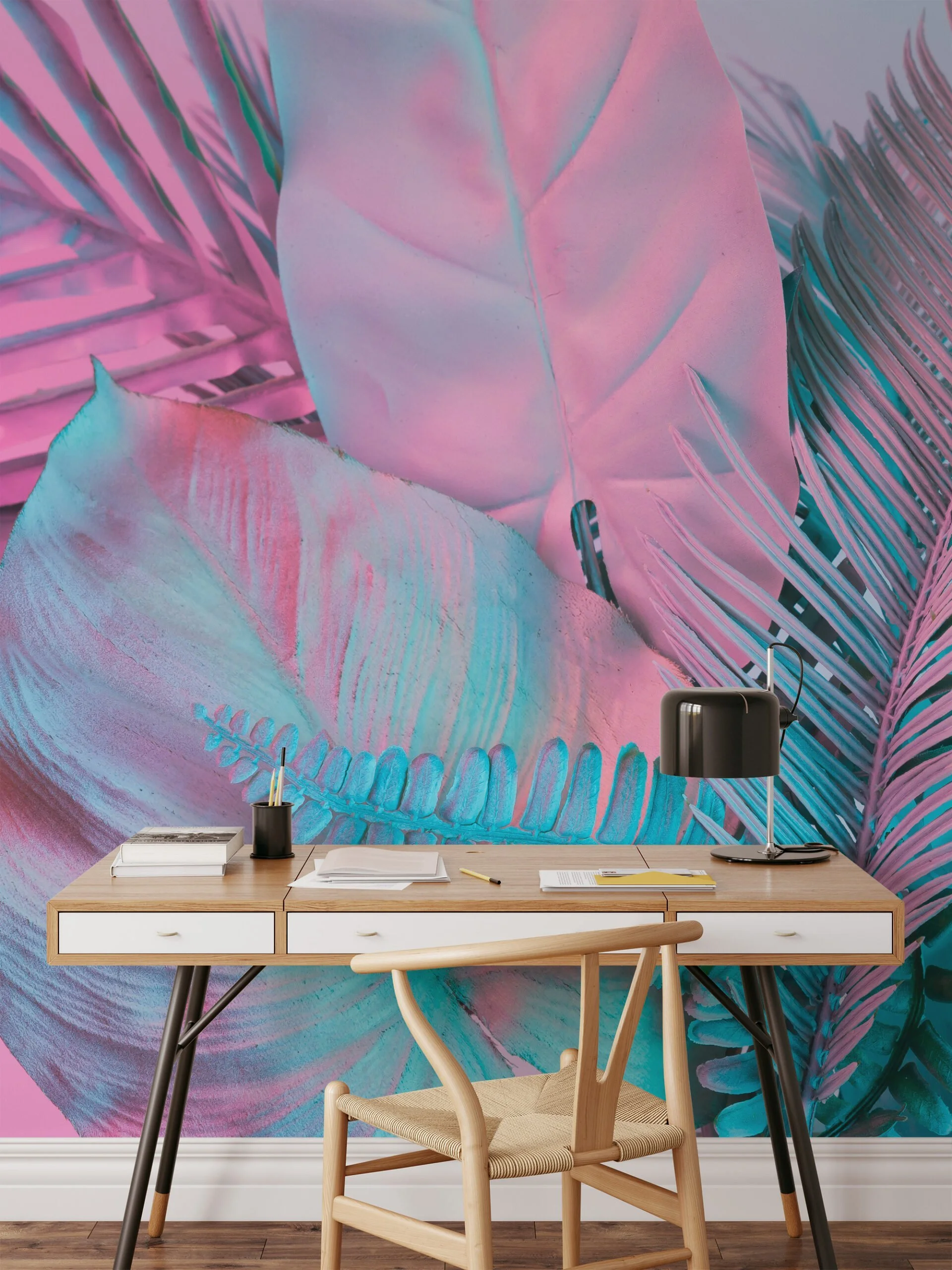 Colorful Tropical Palm Leaves in Bubble Pink and Blue - Self-Adhesive Peel and Stick Wallpaper for a Vibrant Bathroom or Any Room