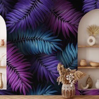 Add a Bold Pop of Color with Purple Fuchsia and Aqua Colored Large Tropical Leaves - Self-Adhesive Peel and Stick Dark Floral Wallpaper for a Vibrant Space