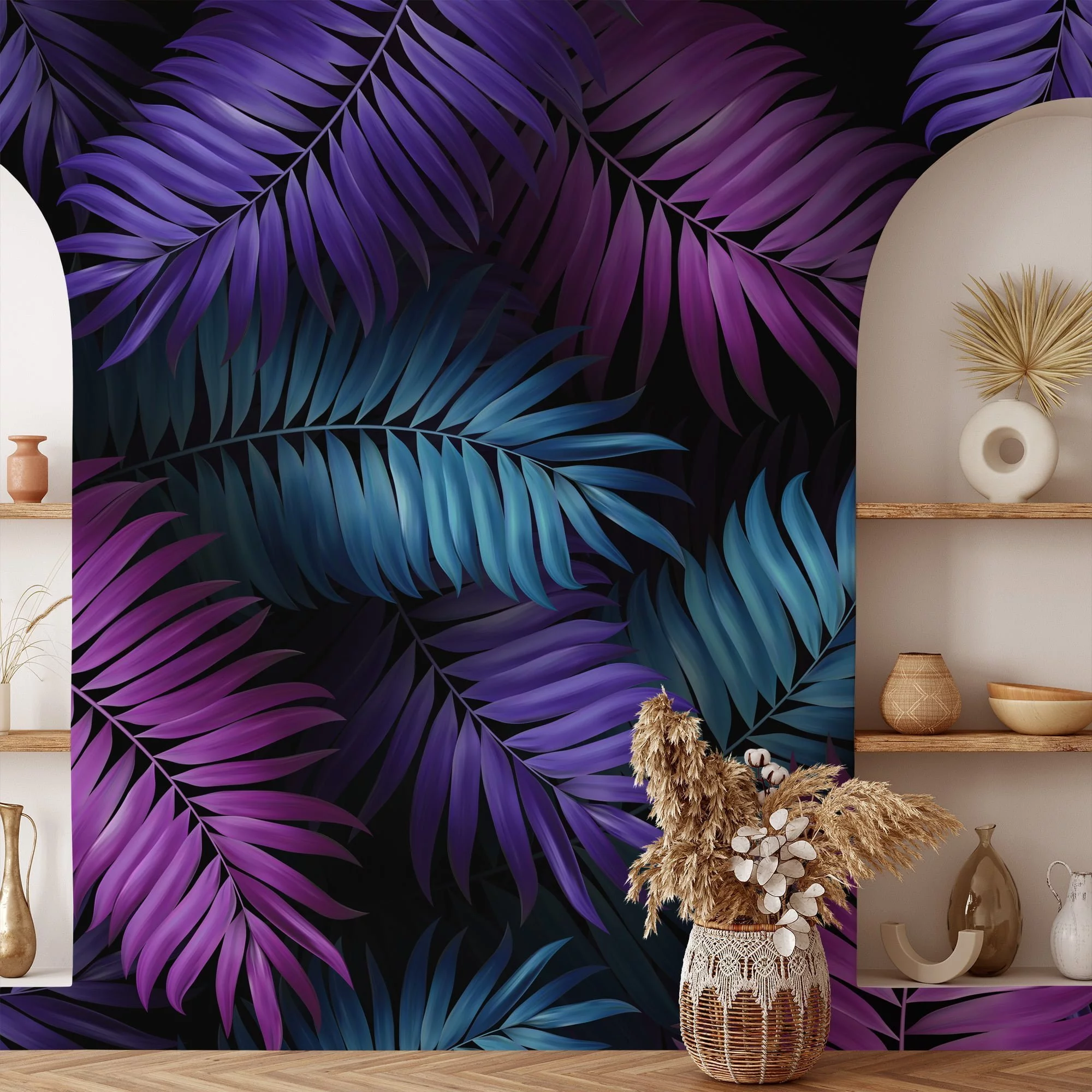 Add a Bold Pop of Color with Purple Fuchsia and Aqua Colored Large Tropical Leaves - Self-Adhesive Peel and Stick Dark Floral Wallpaper for a Vibrant Space