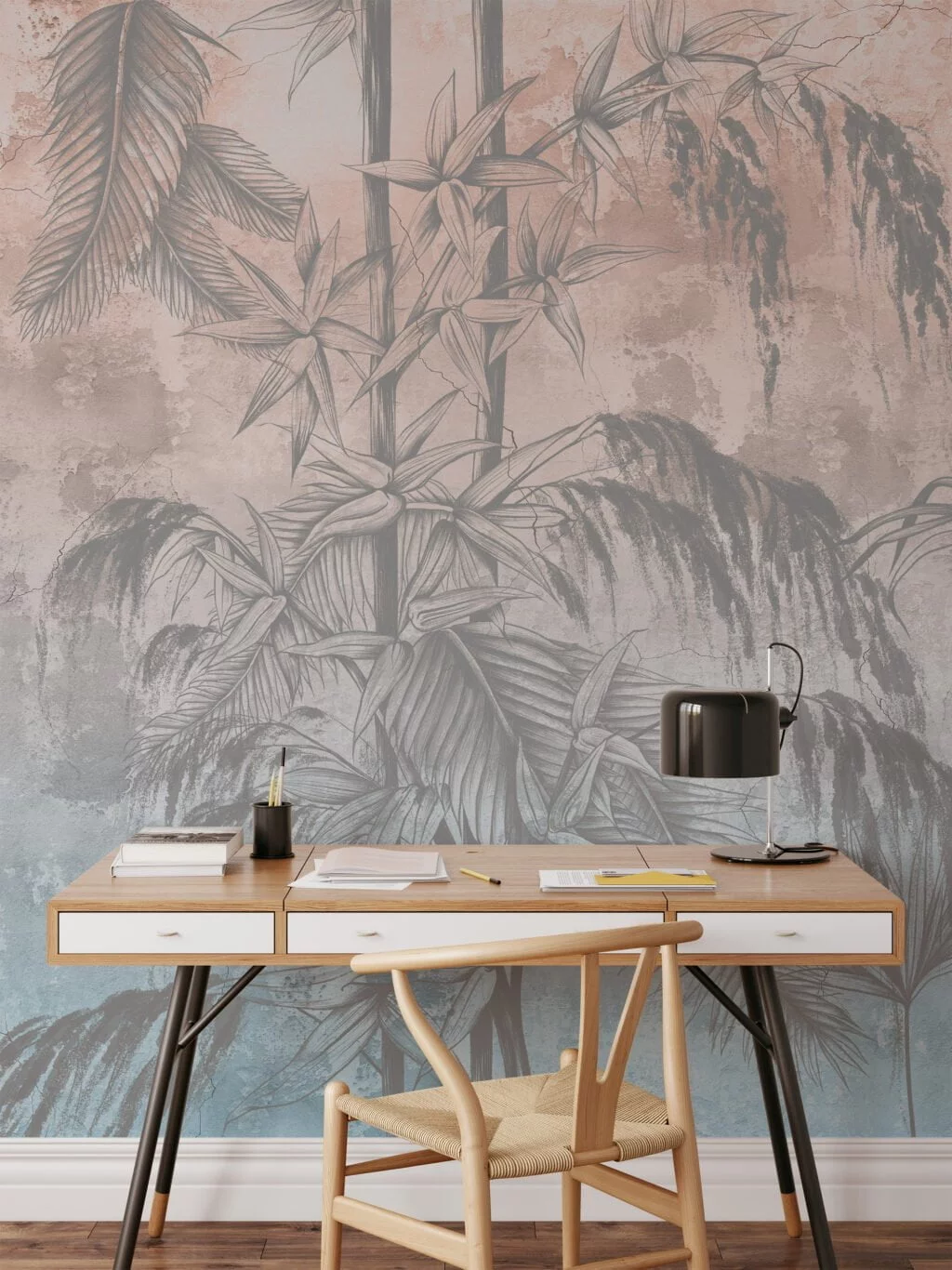 Create a Vintage Tropical Oasis with Trees and Leaves on Grunge Background - Self-Adhesive Peel and Stick Blue Pink Wallpaper Mural to Bring Nature Indoors