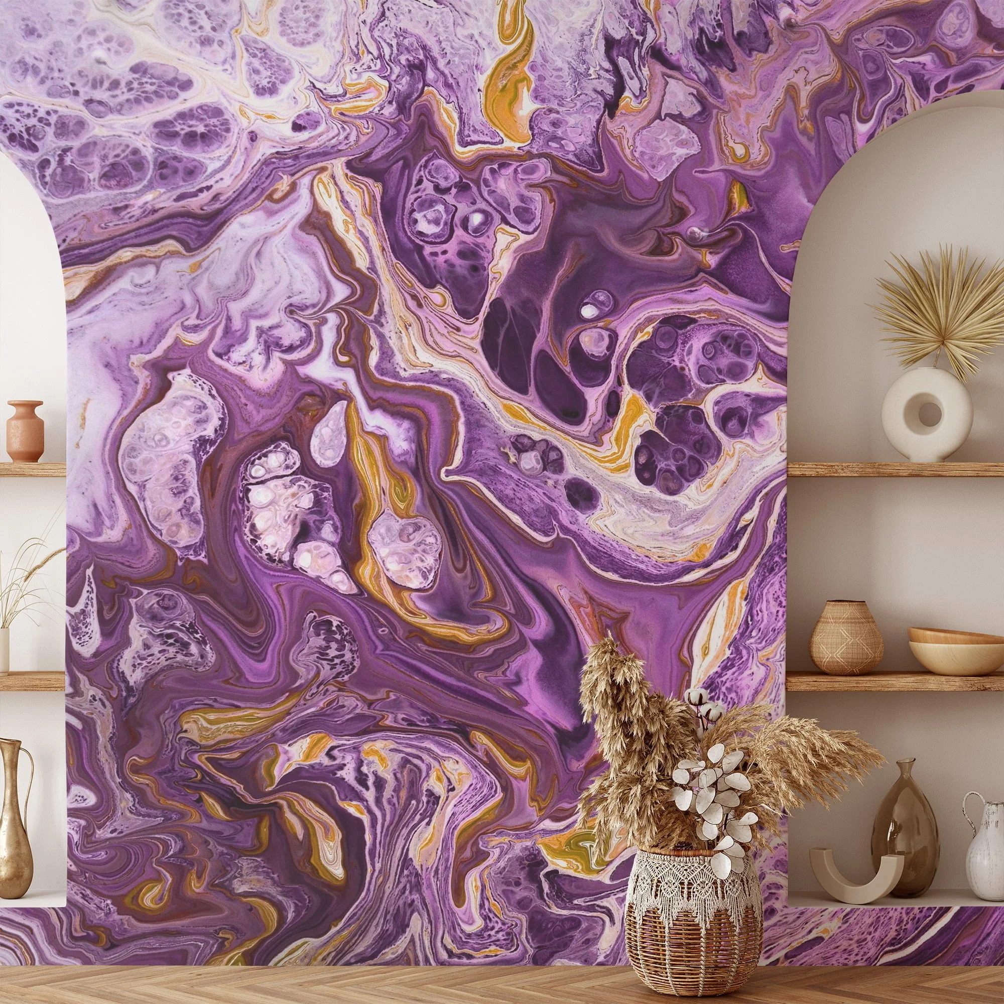 Purple and Gold Marble Wallpaper - Elegant Ink Splash Wall Covering for Stylish Room