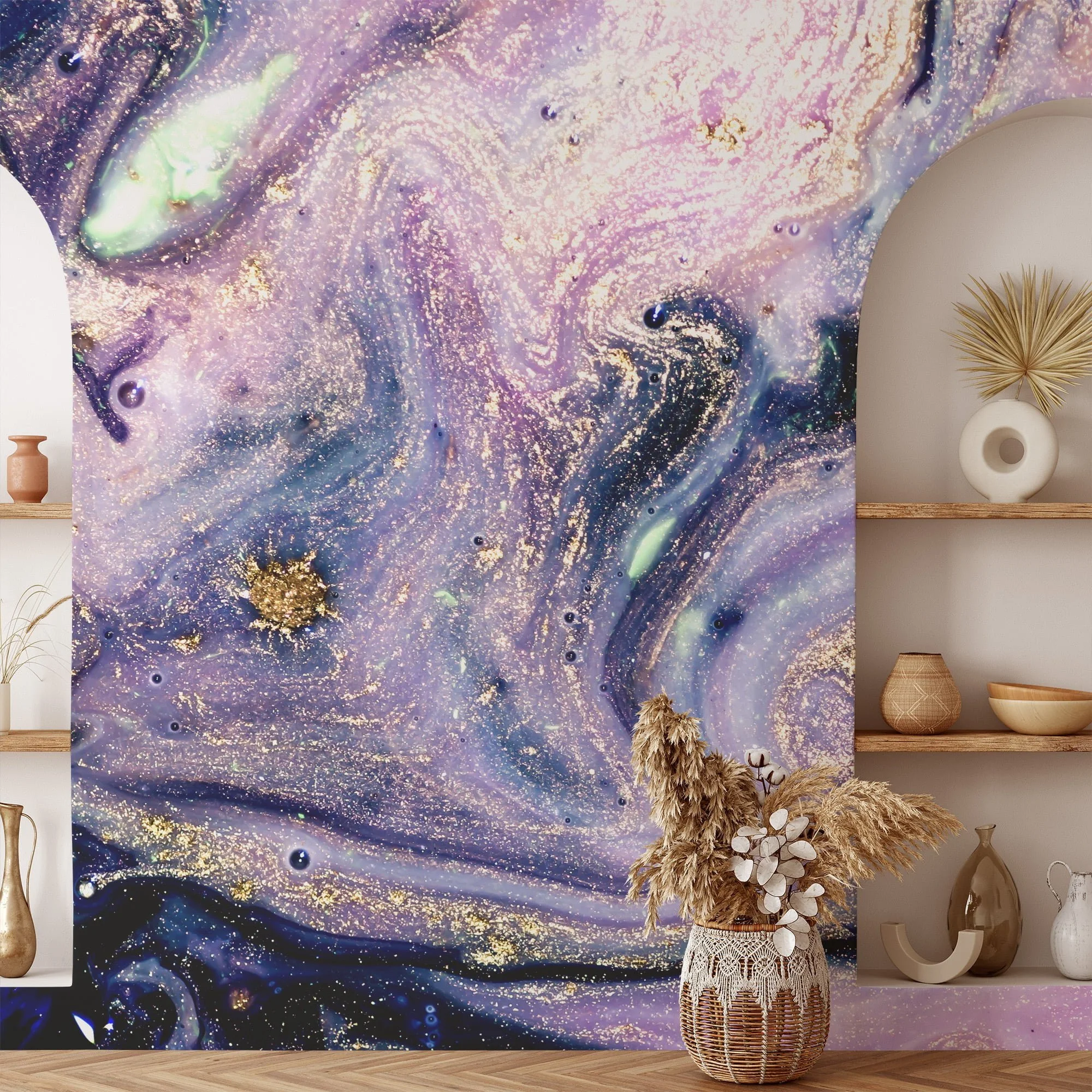 Grunge Purple and Gold Ink Wallpaper - Distressed Liquid Wall Covering with Black Background