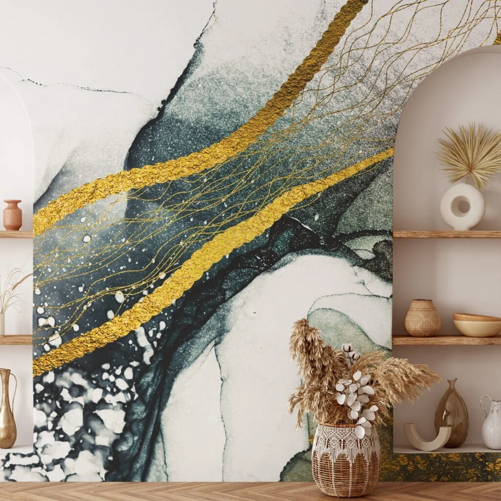 Golden Wave Lines Wall Mural - Self-Adhesive Peel & Stick Wallpaper for Contemporary Home Decor