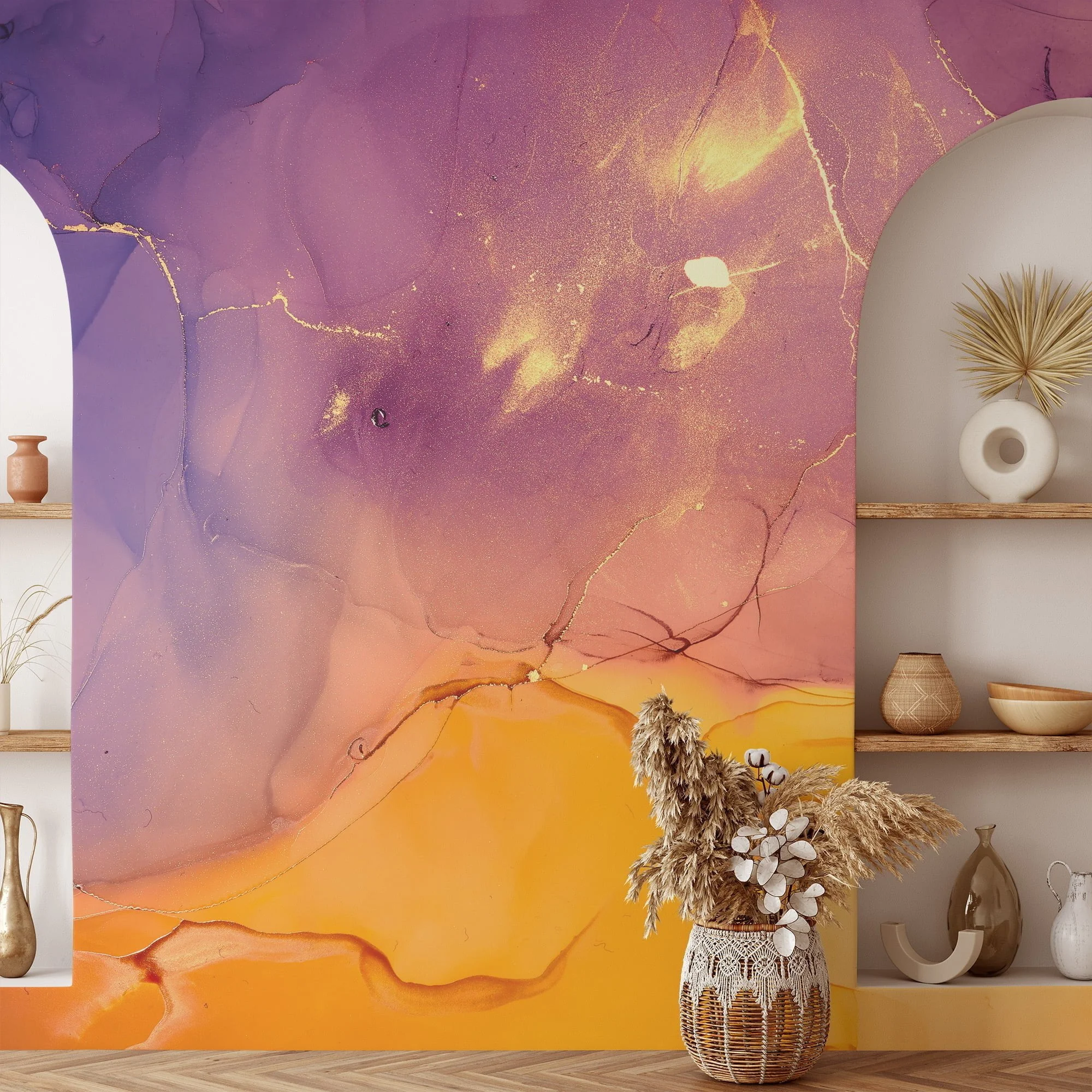 Abstract Orange and Purple Ink Art Wallpaper - Peel and Stick, Easy to Apply and Ideal for Modern Interiors